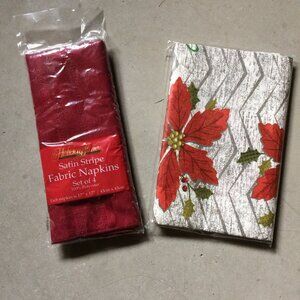4 Red Holiday Time Satin Stripe cloth napkins  + Holiday Tablecloth